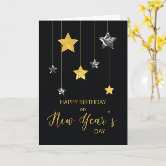 Carte Anniversaire le Jour de l’An Gold et Silver Look (Fleur jaune)