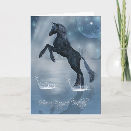 Carte Anniversaire magique imaginaire noir Unicorn (Devant)