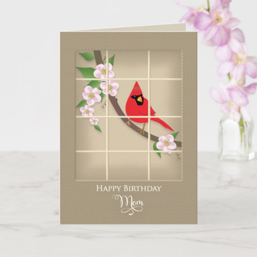 Carte Anniversaire, Maman, Cardinal Rouge/Fleurs d'Apple (Orchidée)