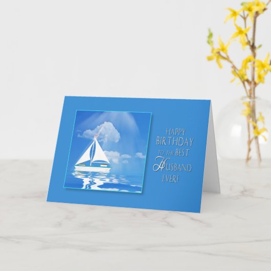 CARTE ANNIVERSAIRE - MARI - BATEAU À VOILE - MER BLEUE (Fleur jaune)