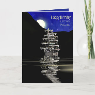 Carte Anniversaire, mari, bateau avec des voiles, nuit