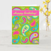 Carte Anniversaire moderne fuchsia de Paisley de vert (Fleur jaune)