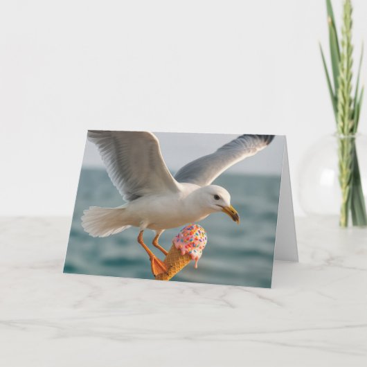 Carte Anniversaire Mouette mangeant un cône de crème gla (Devant)