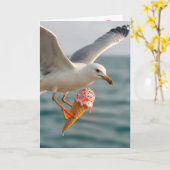 Carte Anniversaire Mouette mangeant un cône de crème gla (Fleur jaune)