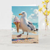Carte Anniversaire Mouette tenant un cône de glace (Fleur jaune)