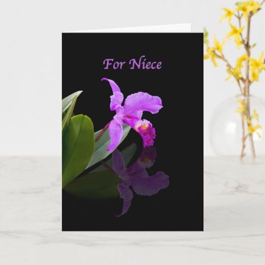Carte Anniversaire, nièce, orchidée réfléchie sur noir (Fleur jaune)