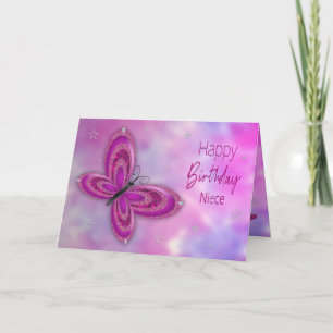 Carte Anniversaire, Nièce, Papillon rose Glitzy
