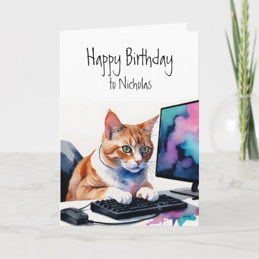 Carte Anniversaire Nom personnalisé Cat Gamer Ordinateur (Devant)