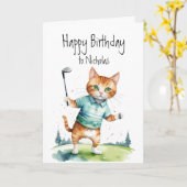 Carte Anniversaire Nom personnalisé Chat Golf (Fleur jaune)