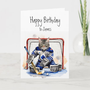 Carte Anniversaire Nom personnalisé Chat jouant au hocke