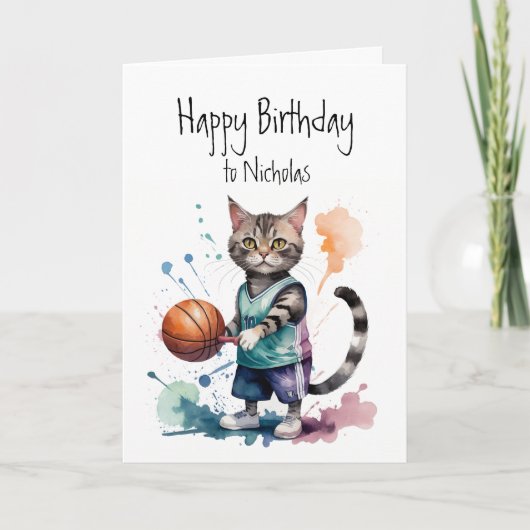 Carte Anniversaire Nom Personnalisé Chat Jouer Basketbal (Devant)