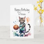 Carte Anniversaire Nom Personnalisé Chat Jouer Basketbal (Fleur jaune)