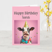 Carte Anniversaire Nom personnalisé Fun Vache animal (Fleur jaune)