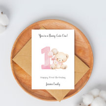 Carte anniversaire ourson ballons pour fille 1 an