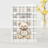 Carte Anniversaire Ourson Rayures à carreaux Gris Crème (Fleur jaune)