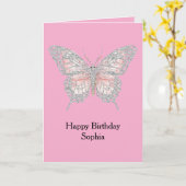 Carte Anniversaire Papillon Argent Rose (Fleur jaune)