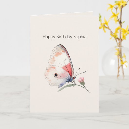 Carte Anniversaire Papillon Floral Pêche Rosé (Fleur jaune)
