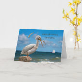 Carte Anniversaire, Parrain, Pélican blanc sur un rocher (Fleur jaune)