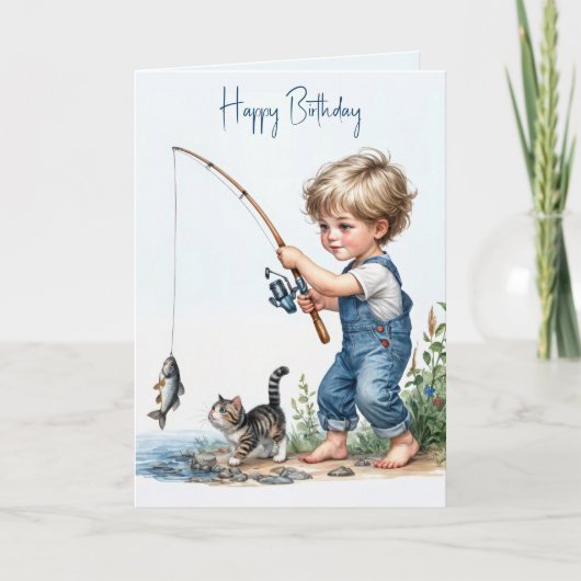 Carte Anniversaire Pêche Garçon Avec Kitten (Devant)