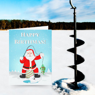 Carte Anniversaire Père Noël Pêche Sur Glace Avec Ours P
