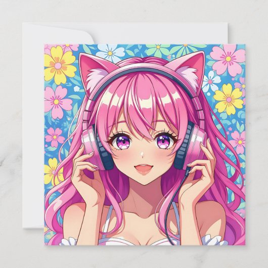Carte Anniversaire Personnalisé Fille Anime avec casque  (Devant)