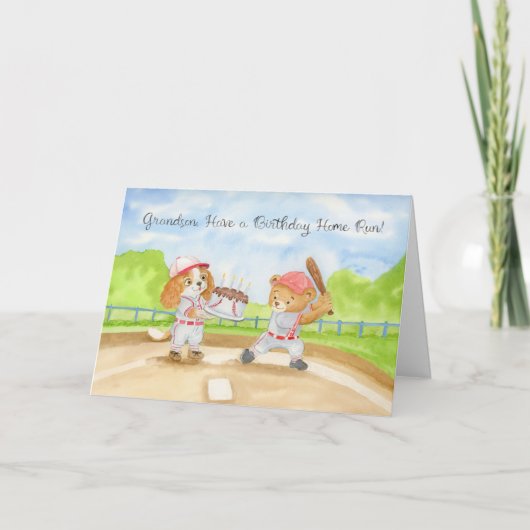 Carte Anniversaire Petit-Fils Baseball Ours & CKCS (Devant)