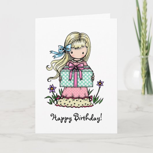Carte Anniversaire Petite Fille Tenante Présente (Devant)