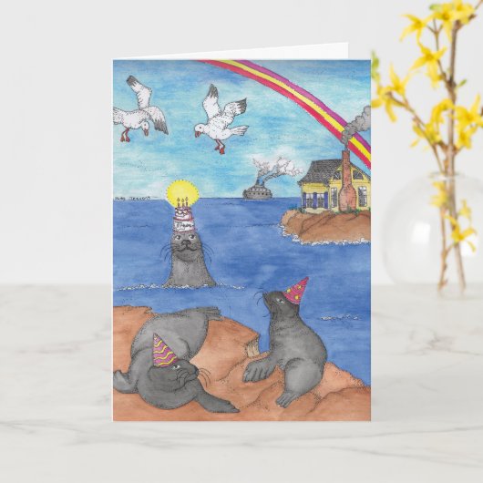 Carte ANNIVERSAIRE - Phoques (Fleur jaune)