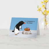 Carte Anniversaire, Pingouin humoristique et gâteau (Fleur jaune)
