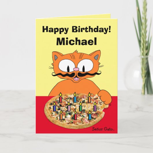 Carte Anniversaire Pizza Party Personnalisée Chat (Devant)