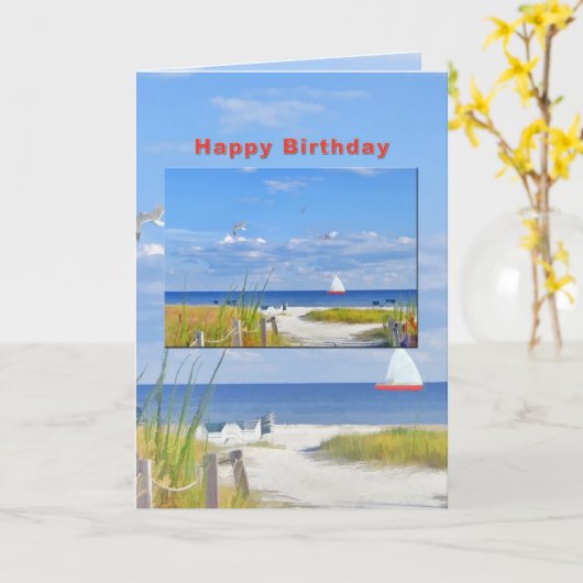 Carte Anniversaire, Plage et Vue Océanique (Fleur jaune)