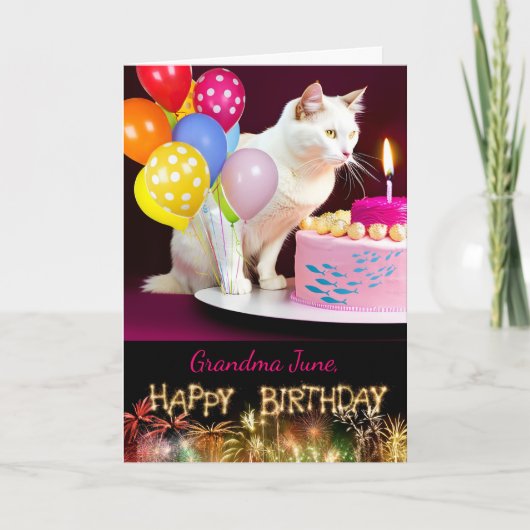 Carte Anniversaire pour grand-mère avec chat et gâteau b (Devant)
