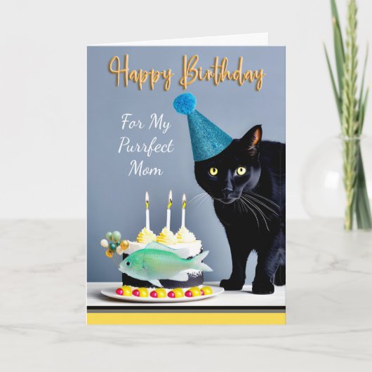 Carte Anniversaire pour maman avec chat et gâteau noir (Devant)