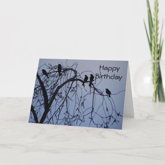 Carte Anniversaire pour tous, oiseaux noirs dans l'arbre (Devant)