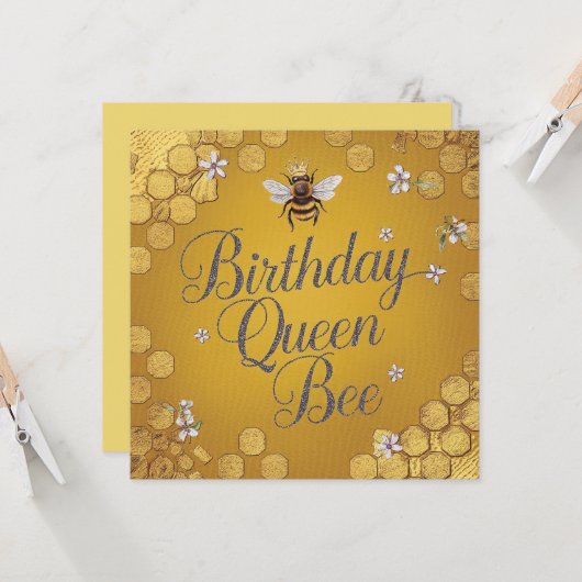 Carte Anniversaire Queen Bee - Design élégant Gold Honey (Devant/Arrière en situation)