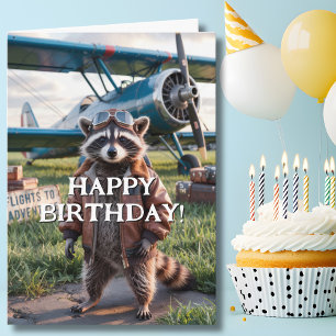 Carte Anniversaire Raccoon Pilote et avion photo amusant