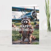 Carte Anniversaire Raccoon Pilote et avion photo amusant (Devant)