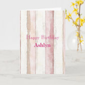 Carte Anniversaire rayures rose blanc beige (Fleur jaune)