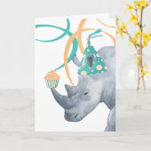 Carte Anniversaire Rhino en Casquette de fête avec Cupca (Fleur jaune)