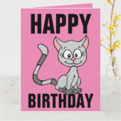 CARTE ANNIVERSAIRE rose CHAT MIGNON (Fleur jaune)