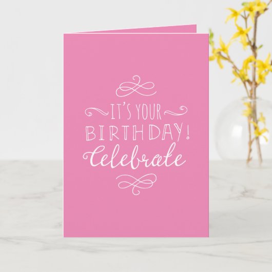 Carte Anniversaire rose et blanc (Fleur jaune)