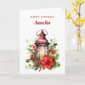 Carte Anniversaire rouge de Noël Poinsettia et pin (Fleur jaune)