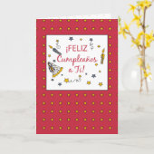 Carte Anniversaire rouge, espagnol (Fleur jaune)