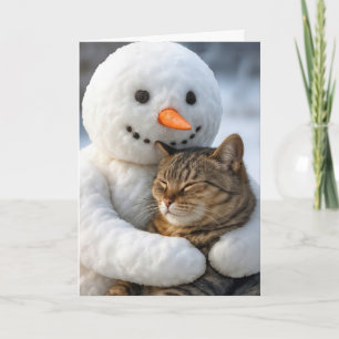 Carte Anniversaire Snowman serrant un chat Tabby