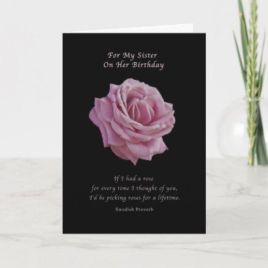 Carte Anniversaire, Soeur, Rose rose sur noir (Devant)