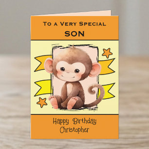 Carte Anniversaire spécial fils enfants singe orange