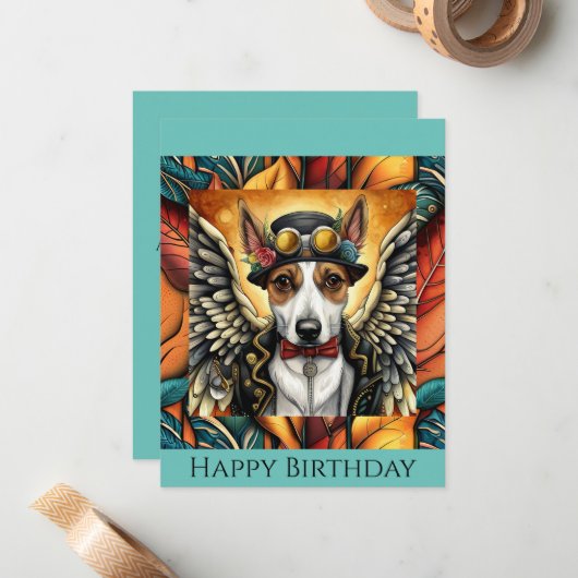 Carte anniversaire steampunk chien carte d'anniver (Devant/Arrière en situation)