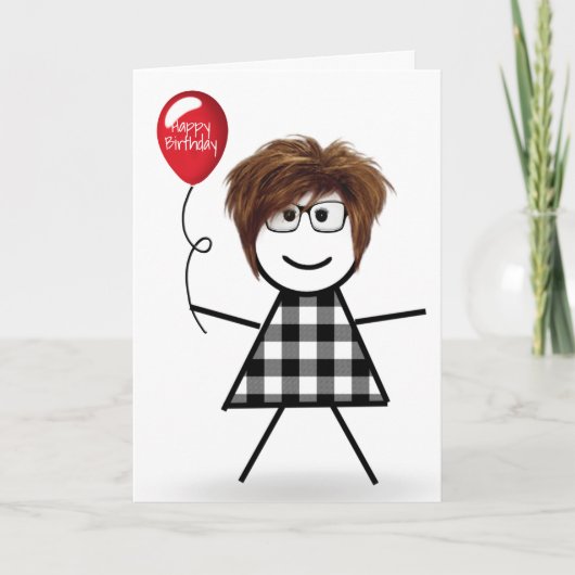 Carte Anniversaire Stick Girl avec Balloon rouge (Devant)
