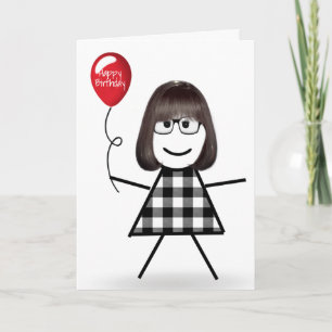 Carte Anniversaire Stick Girl avec Balloon rouge