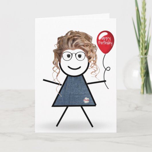 Carte Anniversaire Stick Girl avec Balloon rouge (Devant)